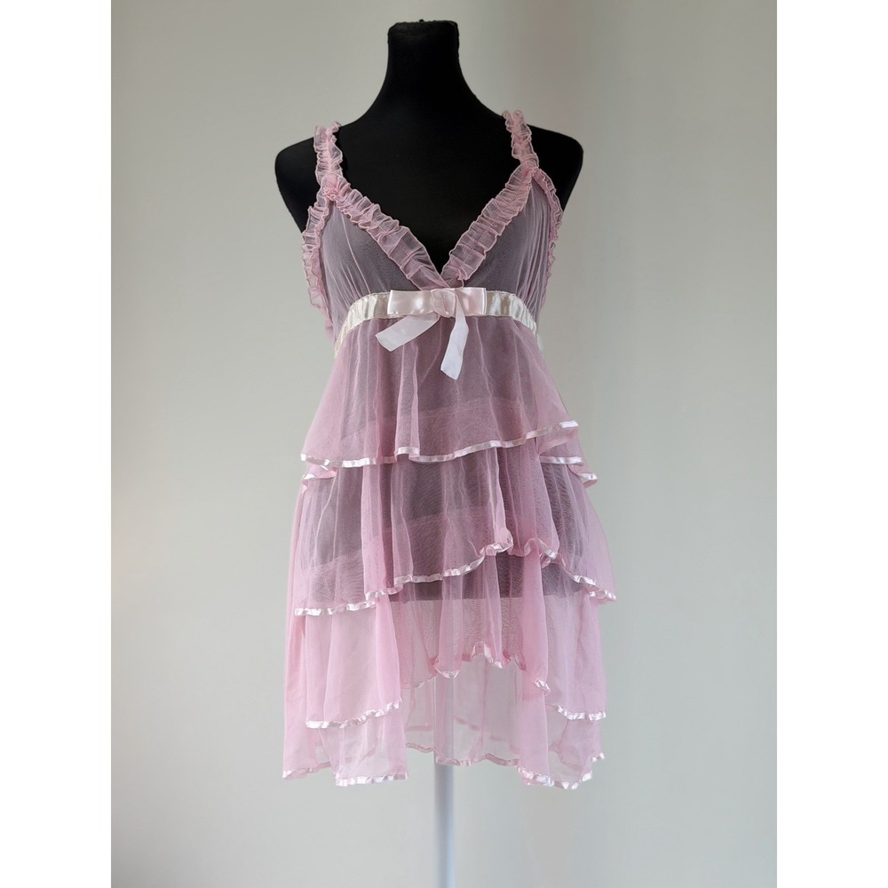 Pink Sheer Mesh Babydoll Lingerie Dress Tiered Ruffle Satin Bow Y2K Fairy